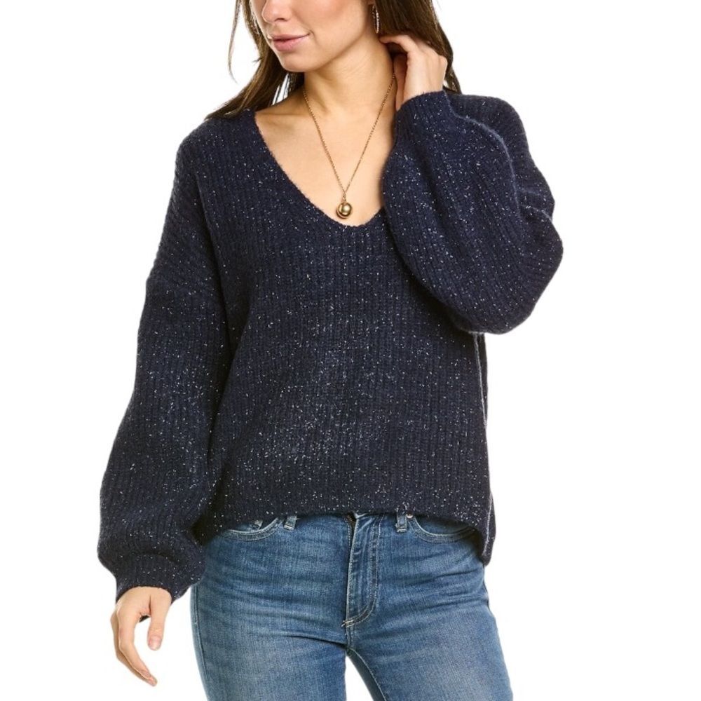 Boden Chunky Fluffy V-Neck Wool & Alpaca Blend Metallic Sweater Navy Sz.2